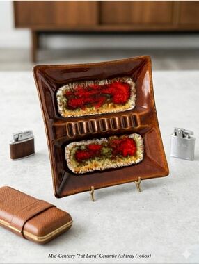 Vintage Ceramic 10" Square Ashtray with Reactive Glaze  Brown & Red